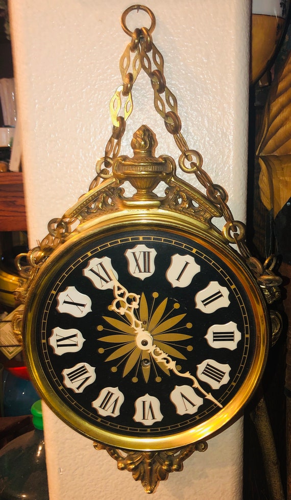 Vintage Mid Century Treasure House Brass Clock W Chain - Hanging Wall Clock With Chain Vintage Mid Century Treasure House Brass Clock W Chain - Hanging Wall Clock With Chain
