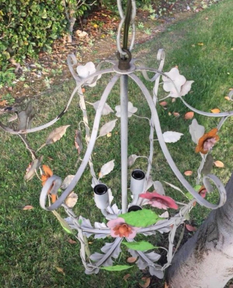 Pretty Vintage Metal Tole Chandelier Painted Flowers Swag
