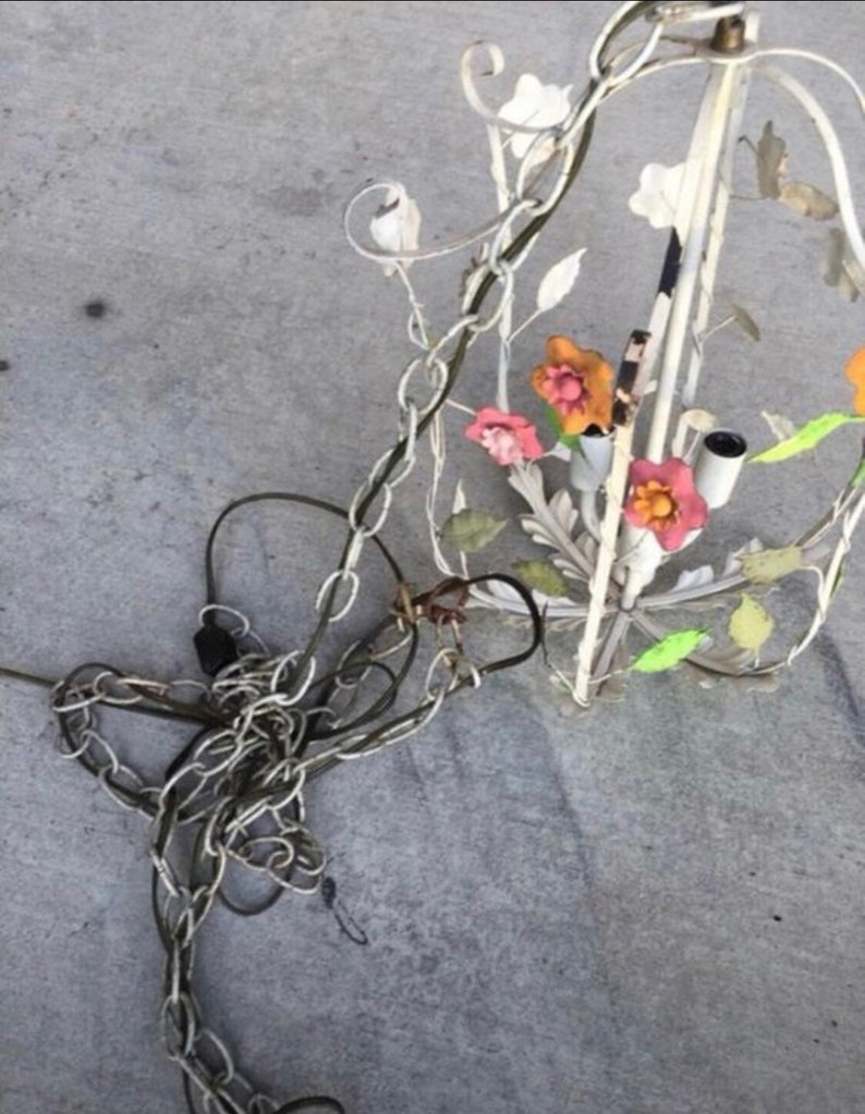 Pretty Vintage Metal Tole Chandelier Painted Flowers Swag