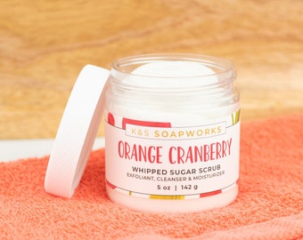 Orange Cranberry Whipped Sugar Scrub, Whipped Soap, Body Scrub, Body Wash, Vegan, 5 oz.