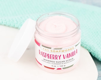 Raspberry Vanilla Foaming Whipped Sugar Scrub,  Gift for Her, Body Scrub, Body Wash, Exfoliant, Vegan, 5 oz.