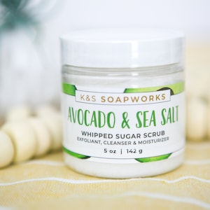 Avocado & Sea Salt Foaming Whipped Sugar Scrub, Gift for Her, Whipped Soap, Body Scrub, Body Wash, Vegan, 5 oz.