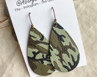 Small Camo EarringsCamouflage Cork Teardrop EarringsMilitary Lightweight EarringGift for Her under 10Statement Dangle and Drop Earrings