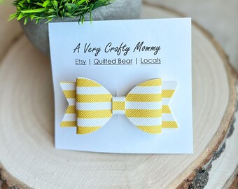 Mustard Yellow Stripe Faux Leather Hair Bow - 3 Inch Alligator Clip