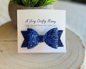 Royal Blue Glitter Hair Bow: Faux Leather Alligator Clip Bow (3 inch)