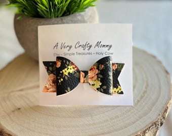 Fall Floral Faux Leather Hair Bow: Pigtail Bow