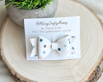 Blue Polka Dot Faux Leather Hair Bow - 3 Inch Alligator Clip