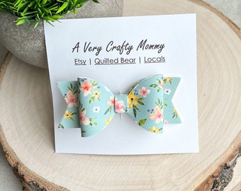 Floral Faux Leather Hair Bow: Light Blue 3-Inch Alligator Clip