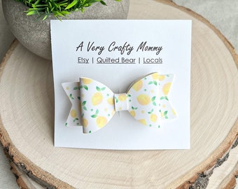 Lemon Print Faux Leather Hair Bow - 3 Inch Alligator Clip