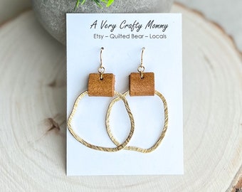 Brass and Honey Brown Leather Earrings: Geometric Boho Style