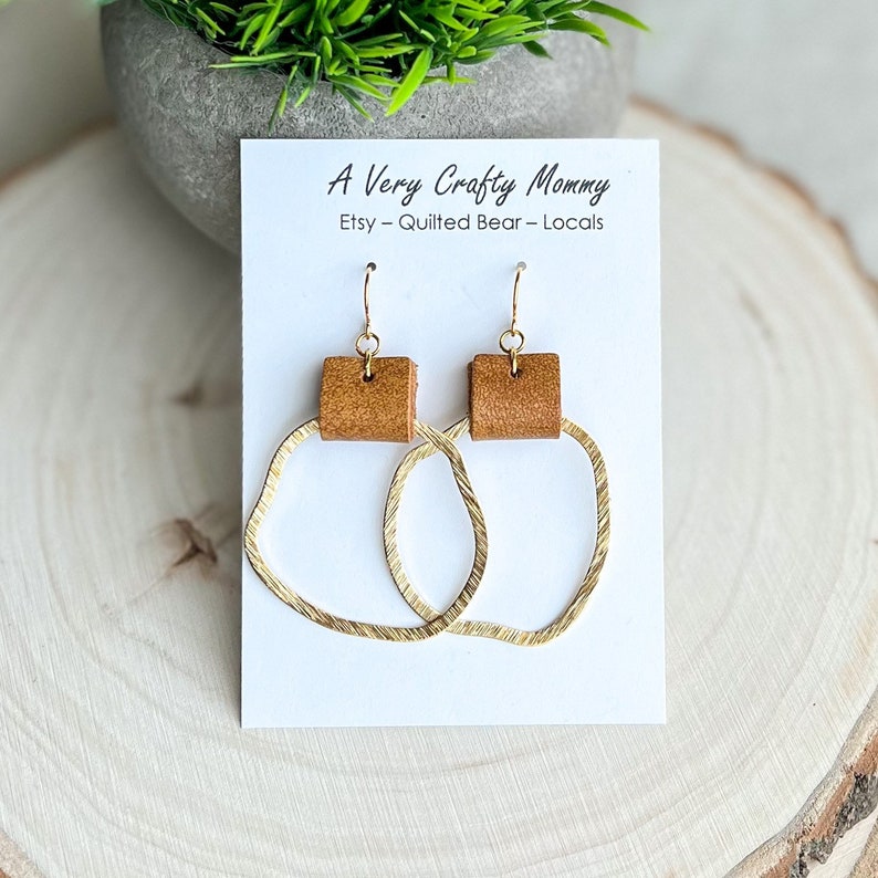 Brass and Leather Earrings, Brass Leather Earrings, Leather Earrings, Brass Geometric Earrings, Boho Earrings image 1