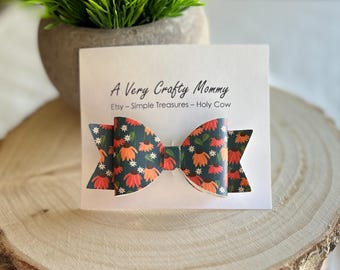 Fall Floral Faux Leather Hair Bow: Pigtail Bow