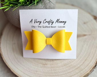 Yellow Faux Leather bow, 3 inch Faux Leather Bow, Leather Bow, Small bow, Toddler Hair Bow, Pigtail Bow, yellow leather bow