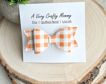 Orange Gingham Faux Leather Hair Bow - 3 Inch Alligator Clip