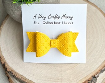 Bright Yellow Faux Leather Hair Bow: Crisscross Pattern, Alligator Clip