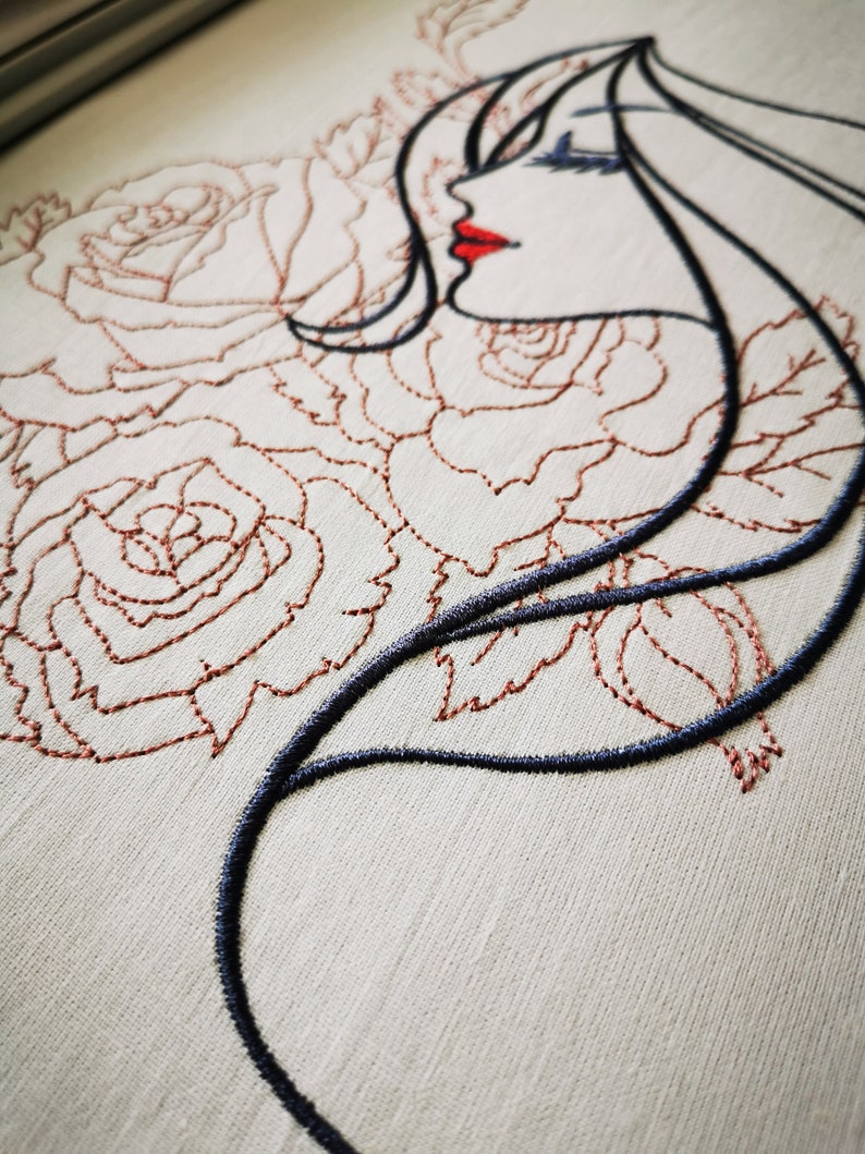 Woman with flowers machine embroidery design contour stitch Etsy
