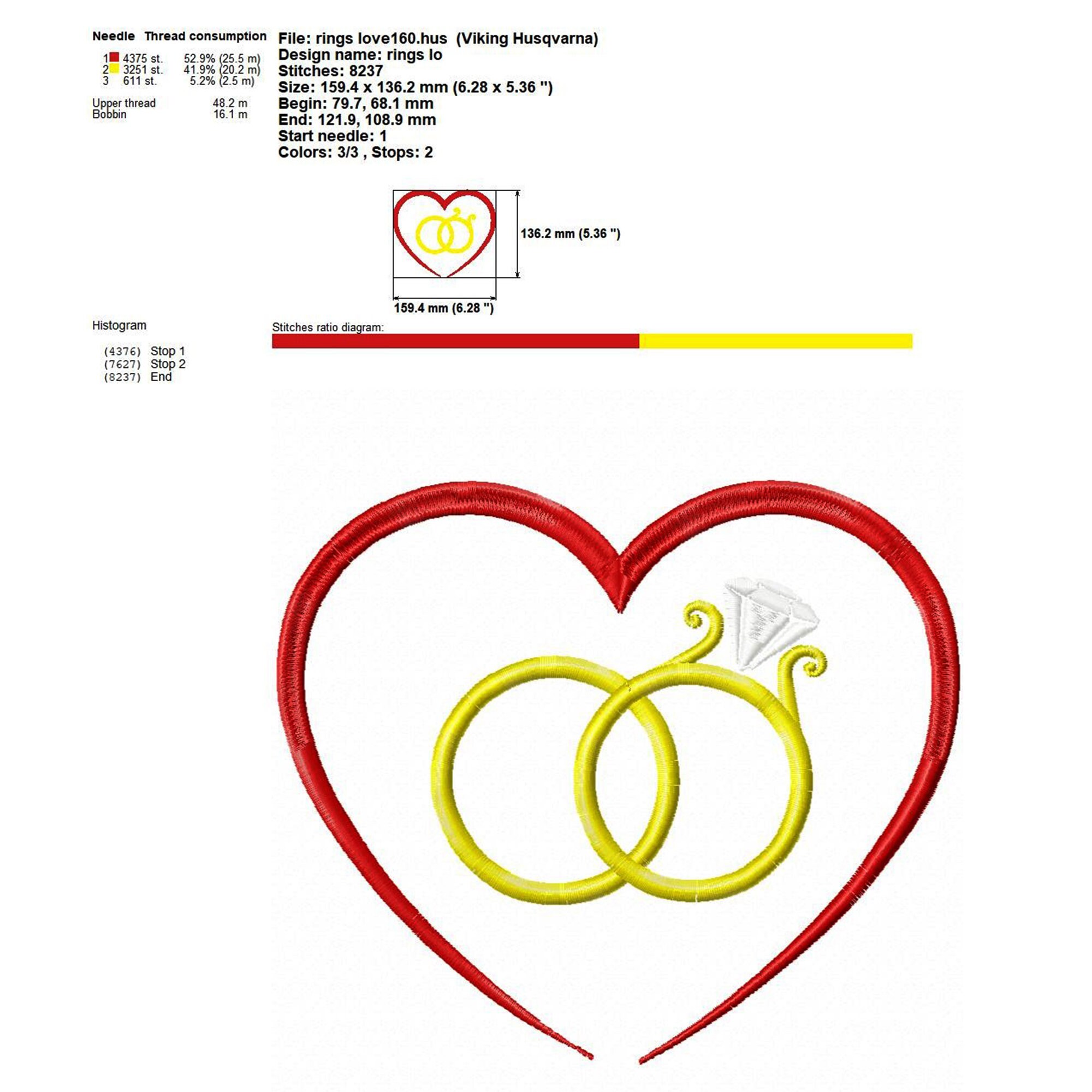 Wedding Rings Machine Embroidery Design Heart Embroidery Etsy