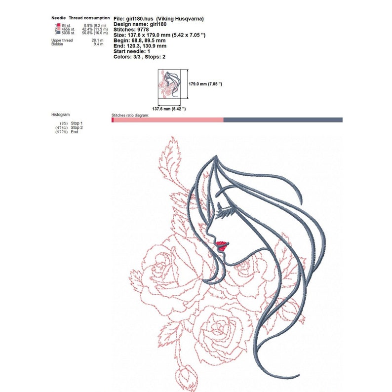 Woman with flowers machine embroidery design contour stitch  etsy