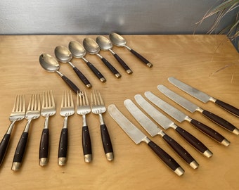 Brass & rosewood cutlery setting for 6, gold coloured cutlery