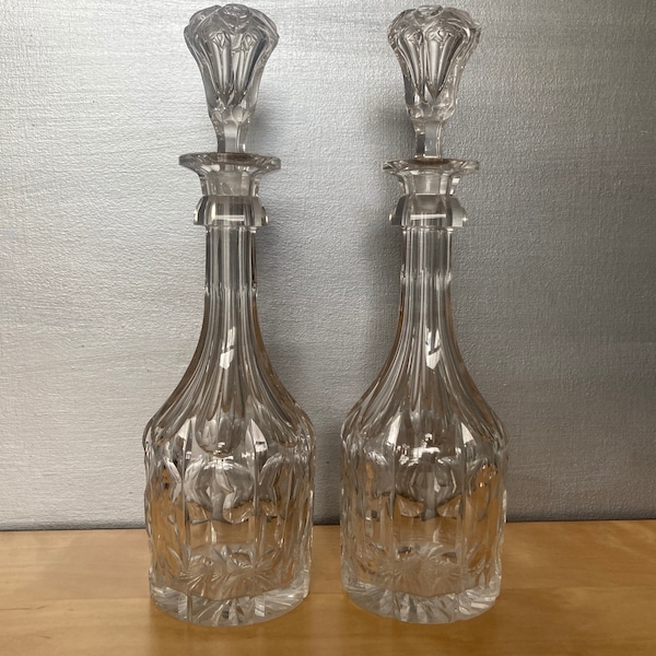 Pair vintage cut glass decanters, heavy glass decanters