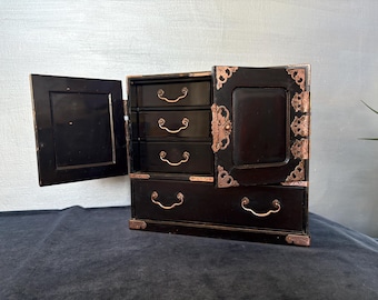 Japanese black lacquer table top cabinet, Kodansu