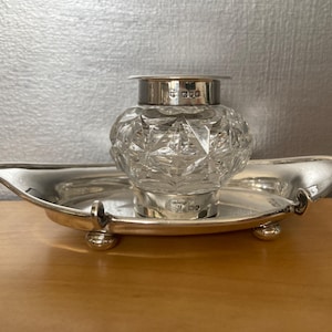 Sterling silver & cut glass inkwell on silver stand, antique 1902 silver inkwell, Edwardian inkwell.