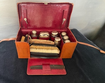 Edwardian leather gentlemens grooming case with contents