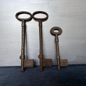 May include: Three antique metal keys in different sizes. The keys are a dark, rusty brown and have a textured surface. The key handles are oval, and the blades are rectangular. These keys are likely vintage or decorative, and are made of metal.