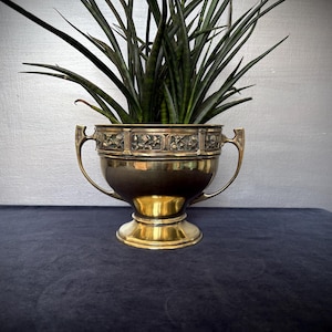 May include: A brass planter with a pedestal base and two handles, filled with green plants. The planter has an ornate, detailed design around the rim. The planter is sitting on a dark blue surface.