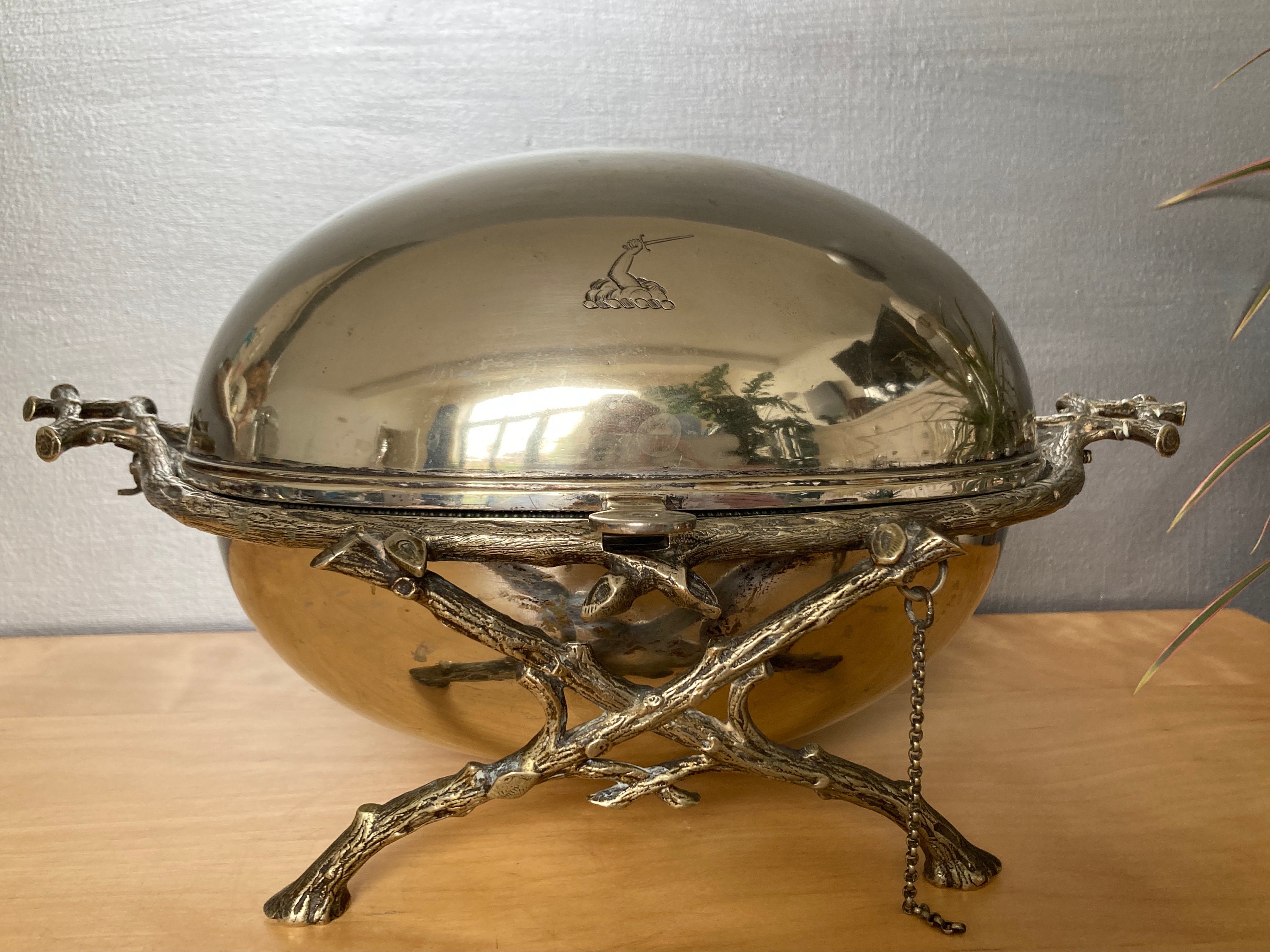 Antique Victorian Silver Plate Roll Top Warming Dish, Revolving