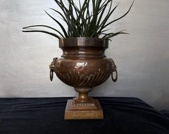 Antique copper jardiniere with lion mask handles