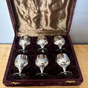 Vintage small silver goblets, liqueur goblets, set 6 boxed silver goblets
