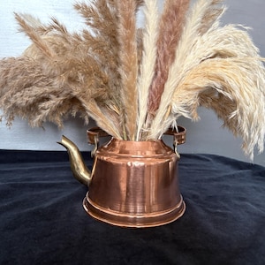May include: A copper teapot-shaped vase displays a collection of dried pampas grass. The teapot has a polished copper finish with a brass spout and handle. The pampas grass is a blend of beige, tan, and light brown.