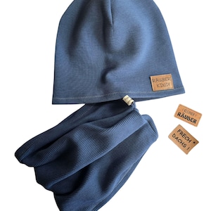 Gorro y/o lazo en azul vaquero de punto acanalado, gorro infantil Frechdachs Räuberkind, gorro de entretiempo, otros colores posibles
