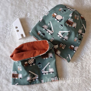 Beanie, hat or loop or triangular scarf boys truck crane pale green rust or light brown blue children&#39;s hat children&#39;s loop