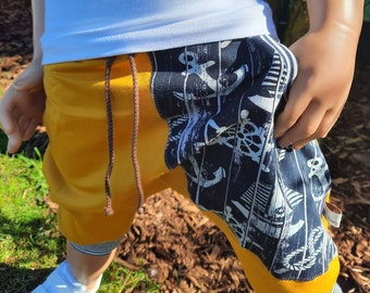 3/4 kurze Pumphose senfgelb blau Anker mit großer Tasche Kinderpumphose Sommerhose