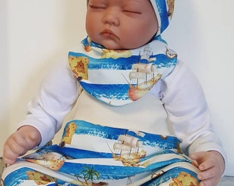 Baby Set Pumphose, Mütze und Tuch weiß blau maritim Schiffe für die wärmere Jahreszeit