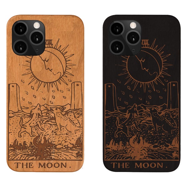 Étui iPhone 14, Étui de téléphone Tarot The Moon Wood pour iPhone 14 Pro Max, iPhone Xr, iPhone Xs Max, iPhone 8+, Pixel 4, Samsung Note 10