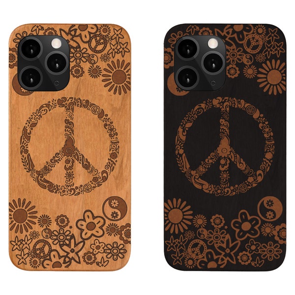 Google Pixel 4a, 4, 4 XL, coque de téléphone en bois hippie signe de la paix SAMSUNG S20 Note 20 Plus, gravée, personnalisée, iPhone 13 Pro Max