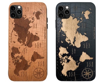 World Map, Compass Samsung iPHONE 14 Plus X XR XSMAX XS Max  11 Pro Max 11 Pro Engraved Wood Phone Case  iPhone 13 Pro Max