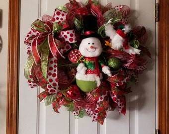 Christmas wreath, Front door wreath, Snowman wreath, Red Christmas wreath, For her wreath, Christmas gift wreath, Deco mesh wreath