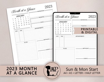 2023 Month at a Glance Planner Printable Digital | Monthly Overview | One Page Calendar | GoodNotes | Half Letter A4 A5 Size | PDF CLP07-01