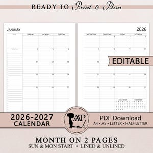 2026 2027 EDITABLE Calendar Printable Template | Fillable Two 2 Page Lined Unlined | Sunday Monday Start | A4 A5 Half Letter | PDF CLP01-04