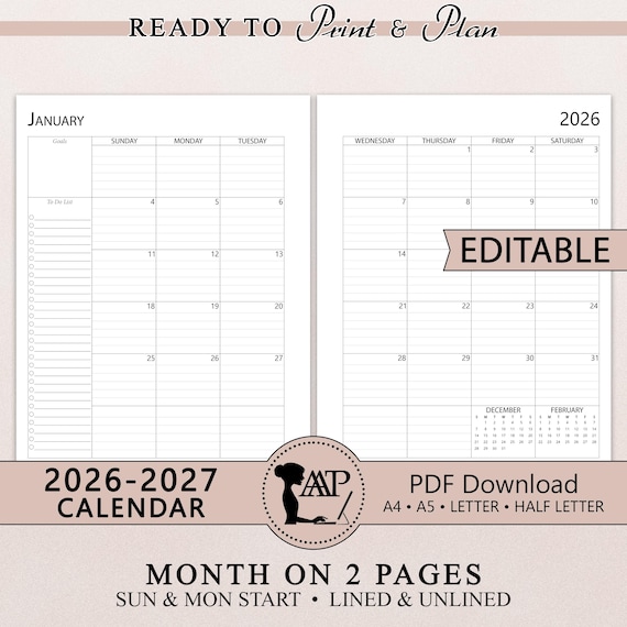 2026 2027 EDITABLE Calendar Printable Template | Fillable Two 2 Page Lined Unlined | Sunday Monday Start | A4 A5 Half Letter | PDF CLP01-04