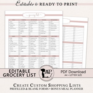 Bearbeitbare Einkaufslistenvorlage, druckbare Einkaufsliste, benutzerdefinierte Einkaufsliste, PDF-Download, Pink, Küchenorganisation, RMP04-02, GLP
