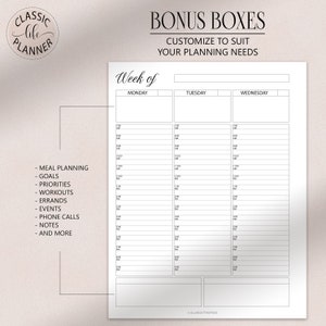 May include: A black and white printable weekly planner with the title "Week of" and columns for Monday, Tuesday, and Wednesday. The planner has hourly time slots from 7:00 AM to 9:00 PM. The planner also includes a section for notes and a list of things to plan for, such as meal planning, goals, priorities, workouts, errands, events, phone calls, and notes.