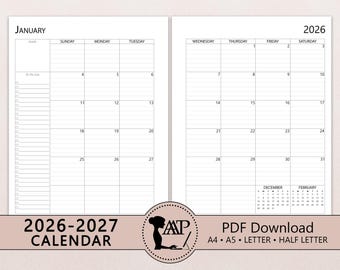 2026 2027 Monatskalender zum Ausdrucken | Zwei 2-seitige linierte unlinierte Planereinlage | Sonntag Montag Start | A4 A5 Letter Halbe Größe | PDF CLP01-02