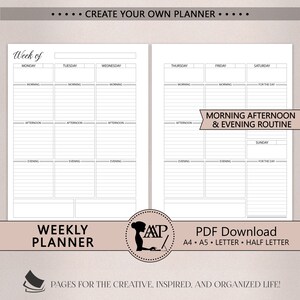 Weekly Planner Printable | Vertical Routine 2 Page Layout | Week on Two Pages | Modern Minimalist | A4 A5 Letter Half Size | PDF CLP04-03