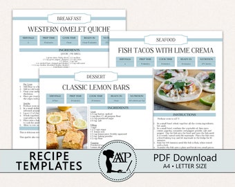 Editable Recipe Template, Recipe Binder Printable, Cookbook Template, Recipe Card, A4, Letter Size Page, PDF Download, Blue, RMP02-05 ERT