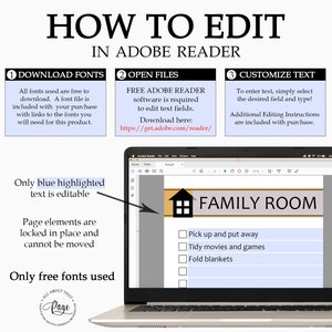 Pu&ograve; includere: Lo schermo di un computer portatile che mostra un documento PDF con istruzioni su come modificare un cartello stampabile utilizzando Adobe Reader. Il cartello &egrave; per una "Sala Famiglia" e include un elenco di controllo delle attivit&agrave;. Il testo sullo schermo dice "Solo il testo evidenziato in blu &egrave; modificabile. Gli elementi della pagina sono bloccati e non possono essere spostati. Vengono utilizzate solo fonti gratuite."